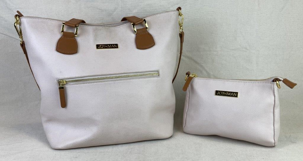 Joy & Iman “Alexandria” Leather Tote Bag and Crossbody: Set of two Joy & Iman Alexandria bags including one large satchel-style tote crafted in pebbled leather with brown leather trim and gold tone hardware, featuring dual carry options with shorter and lo