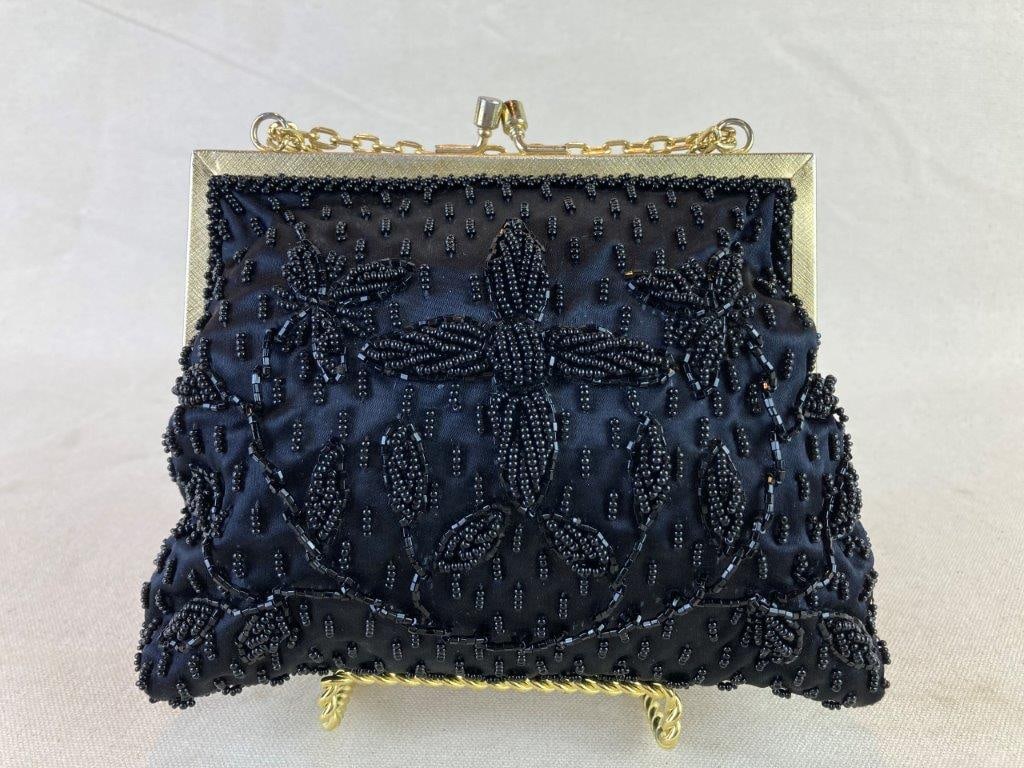 Vintage Black Satin Beaded Evening Bag (1 of 6)