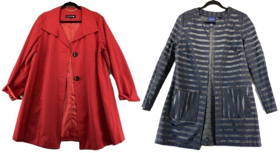 Doncaster & Ellen Tracy Overcoats: Pair of vintage overcoats including an Ellen Tracy peacoat in vibrant red with a classic two-button closure, offering a polished and bold silhouette. The accompanying Doncaster long blazer features ho