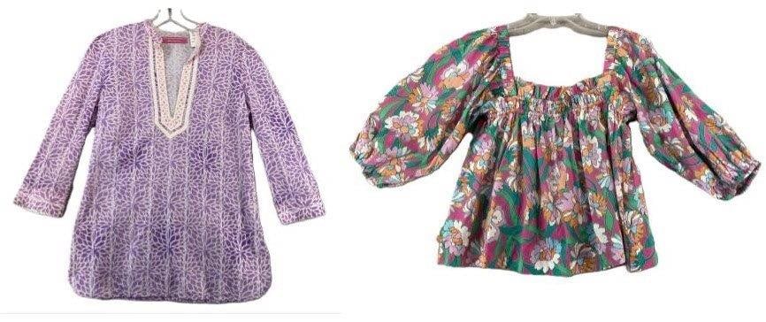 La Roque & Robert Graham Floral Blouse Pair: Pair of floral blouses including a La Roque top featuring vibrant, free-spirited 70s-style floral tones in a flowing silhouette with a ruched neckline and lantern sleeves gathered at the lower arm; re