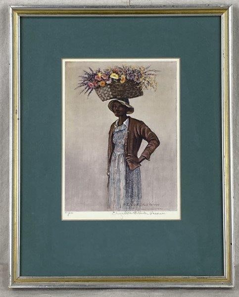 Elizabeth O'Neill Verner Flower Lady Chromolithograph: Vibrant depiction of an African American woman carrying a basket of flowers on her head, hand-signed by Charleston Renaissance artist Elizabeth O'Neill Verner (1883-1979), housed in a painted wood fra