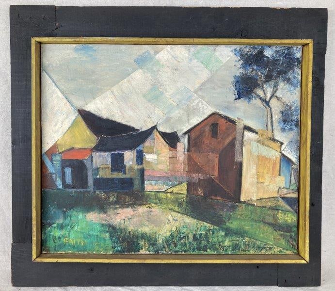 Mid Century Modern Cubist Urban Landscape Painting: Oil on canvas depicting vibrant multi-colored geometric shapes resembling houses in a serene landscape. Signed Faith 53 in the bottom left and housed in a black wood frame with an aged patina. Measure