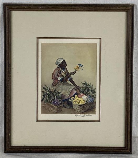 Mary, Flower Woman of Charleston By Elizabeth Oâ€™Neil Verner: Lithograph, pencil-signed by the artist, matted and framed. Depicts one of Vernerâ€™s iconic Charleston flower women. Measures approximately 16 1/2" tall x 14" wide overall. In good c