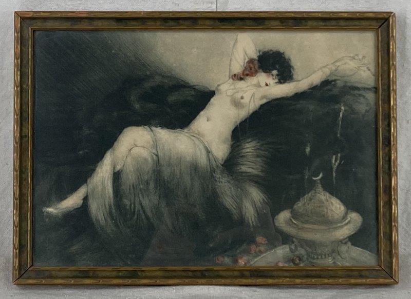 Smoke by Louis Icart: Hand-colored lithograph titled Smoke by French artist Louis Icart (1888-1950), Art Deco style, created in 1926, depicts a partially nude woman reclining dramatically with a cigarette in her hand, hous
