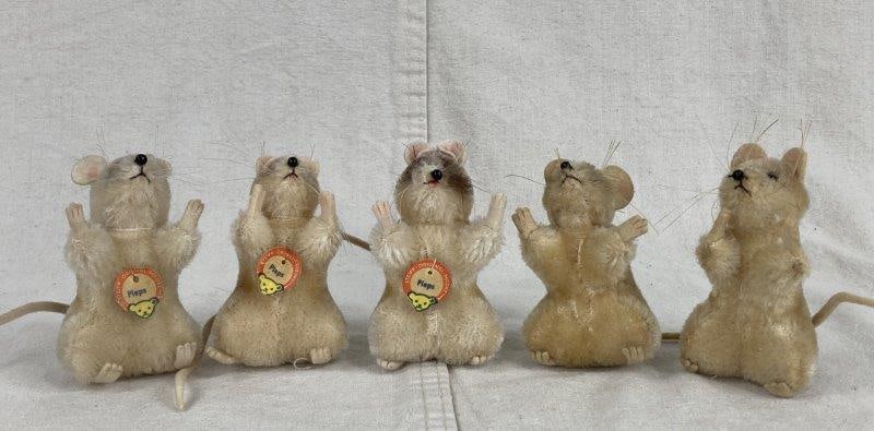 Five Vintage Steiff "Pieps" Mice: Group of five vintage Steiff "Pieps" mice, crafted from mohair and straw-filled, with monofilament whiskers. Three retain their original Steiff tags. Warm worn patina throughout. One measures approxim