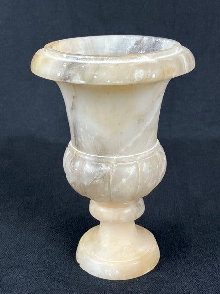 Alabaster Decorative Urn: A finely crafted decorative urn in creamy white alabaster with soft natural veining and elegant classical form. Measures approximately 5 7/8" H x 4" in diameter. Shows minimal natural abrasions consis