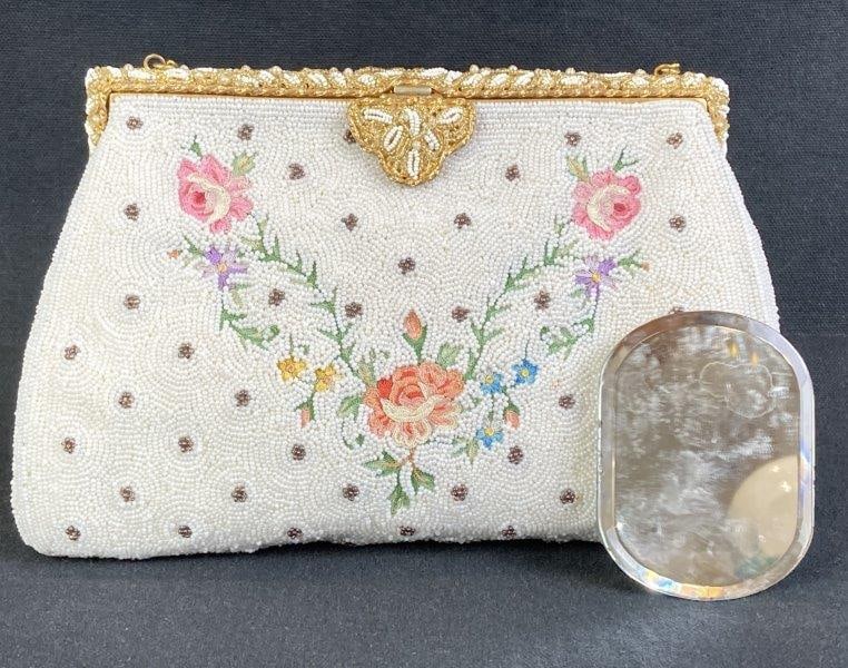 Vintage Spulcioni Firenze Beaded Clutch Evening Bag: Spulcioni Firenze beaded clutch evening bag by the vintage Italian brand known for its artistic leather goods and handbags, featuring delicate white beading with a central floral embroidery motif, pai