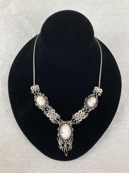 Antique Triple Cameo Sterling Silver Necklace (1 of 3)