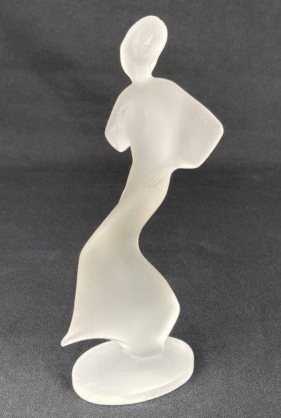 Art Deco Frosted Art Glass Dancing Woman Czech Republic Figurine: An Art Deco frosted art glass figurine depicting an elegant dancing woman in a twisting, elongated pose, reflecting refined movement and sculptural balance. Later signed René Lalique after manufa