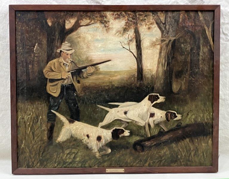 19th Century Landscape Oil Painting with Hunting Scene: A finely rendered 19th-century oil painting depicting a hunting scene within a wooded landscape, showing a man in period attire holding a hunting rifle accompanied by three pointer dogs in pursuit. Th
