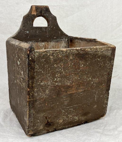 Country Wall Box: A dovetailed box constructed with visible dovetail joints, displaying a rich, timeworn patina and honest utilitarian character. The front is dovetailed and the back is nailed. Measures approximately 1