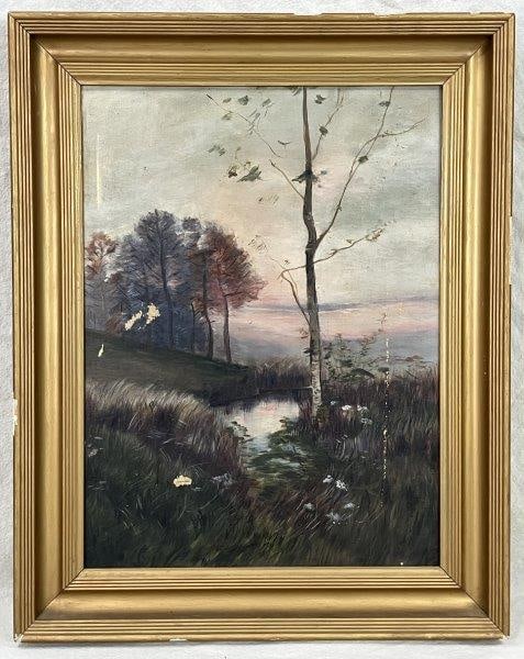 River Landscape Oil Painting: A subtle and atmospheric oil painting executed on linen. The artist has depicted a riverside landscape complete with delicate brushwork and careful rendering. Housed in a gilt frame. Measures approxim