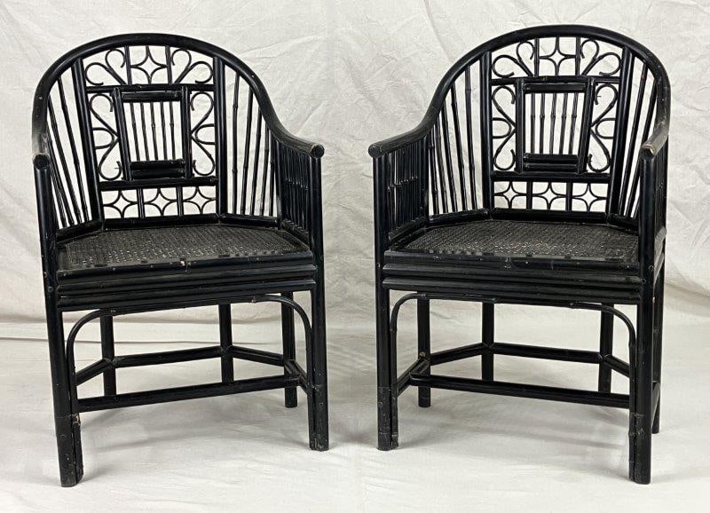 Pair of Chinoiserie Brighton Pavilion Bamboo Chairs: Reflecting the exotic interior aesthetic of the Royal Pavilion in Brighton, England, this pair of Chinoiserie bamboo chairs includes cane seats and a rich, dark ebony-finished wood frame evocative of