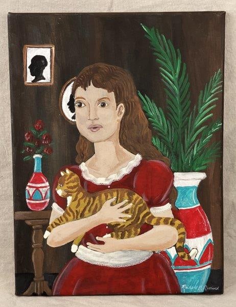 Folk Art Portrait of a Young Girl and Cat Oil Painting by Richard E. Roebuck (1 of 6)