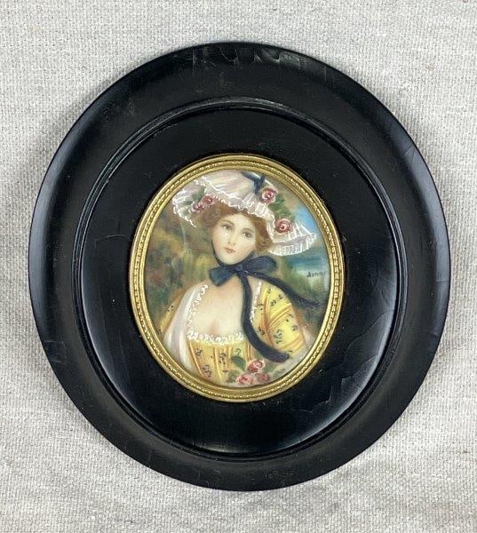 “The Queen of the Roses” Painted Miniature: An impressive portrait miniature painted with precise detail, titled The Queen of the Roses after a musical composition by Maurice Ravel. Likely dating to the 19th century, the miniature depicts a wom