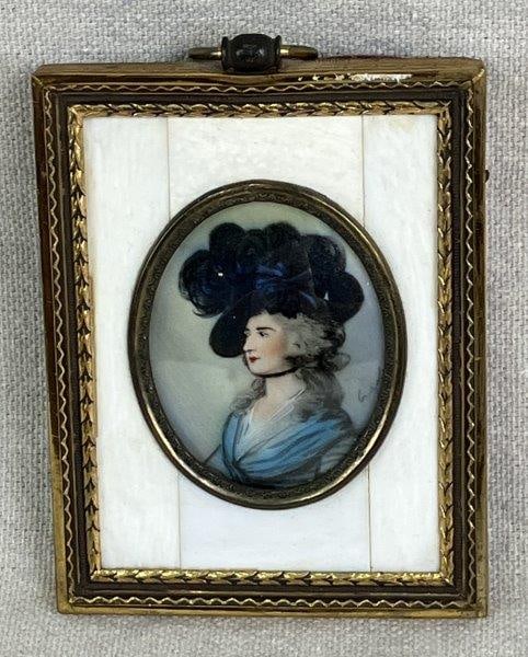 Painted Miniature of Sarah Siddons: A painted portrait miniature after a celebrated portrait of Sarah Siddons by Thomas Gainsborough, depicting an 18th-century woman dressed in blue with powdered, coiffed hair and a serene, thoughtful e