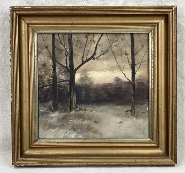 Winter Landscape Oil Painting: A subtle and atmospheric oil painting executed on linen. The artist has depicted a seasonal winter landscape complete with delicate brushwork and careful rendering. Signed on reverse James P. M.Housed
