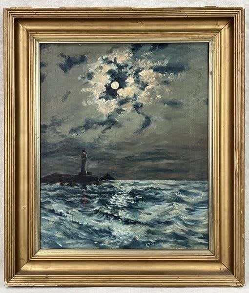 Lighthouse Coastal Oil Painting: A subtle and atmospheric oil painting executed on linen. The artist has depicted a stormy, watery ocean landscape complete with delicate brushwork and careful rendering and a lighthouse in the distanc