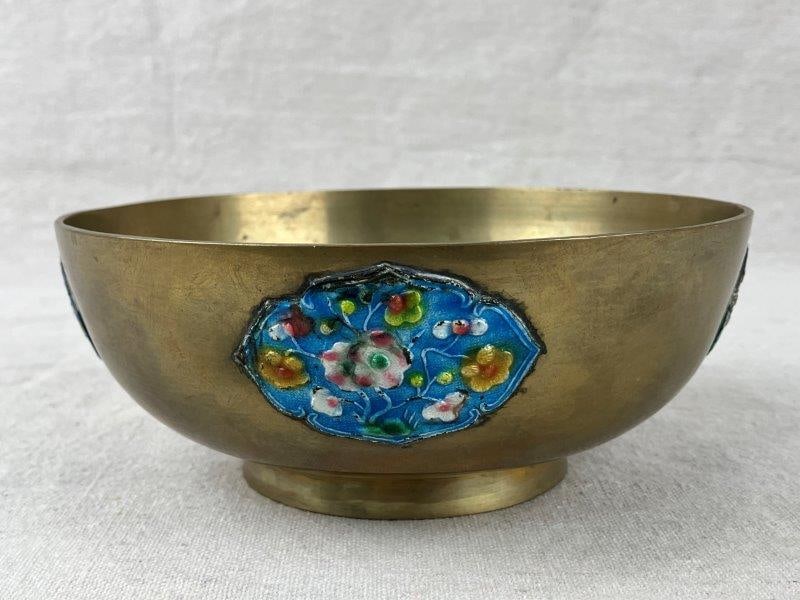 Chinese Brass Bowl with Enameled Panels (1 of 9)