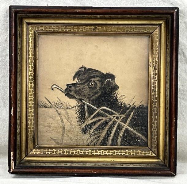 Folk Art Black Hunting Dog Charcoal Drawing: A characterful folk art charcoal drawing depicting a black hunting dog in portrait format, shown lakeside with expressive features and carefully observed detail. The artist demonstrates individual ski