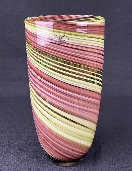 Mid-Century Scandinavian Art Glass Vase by Jaakko Liikanen: A mid-century Scandinavian art glass vase by Jaakko Liikanen, retaining its original maker’s label. The vase features rich swirling colors within an elegant, well-balanced form, reflecting the r