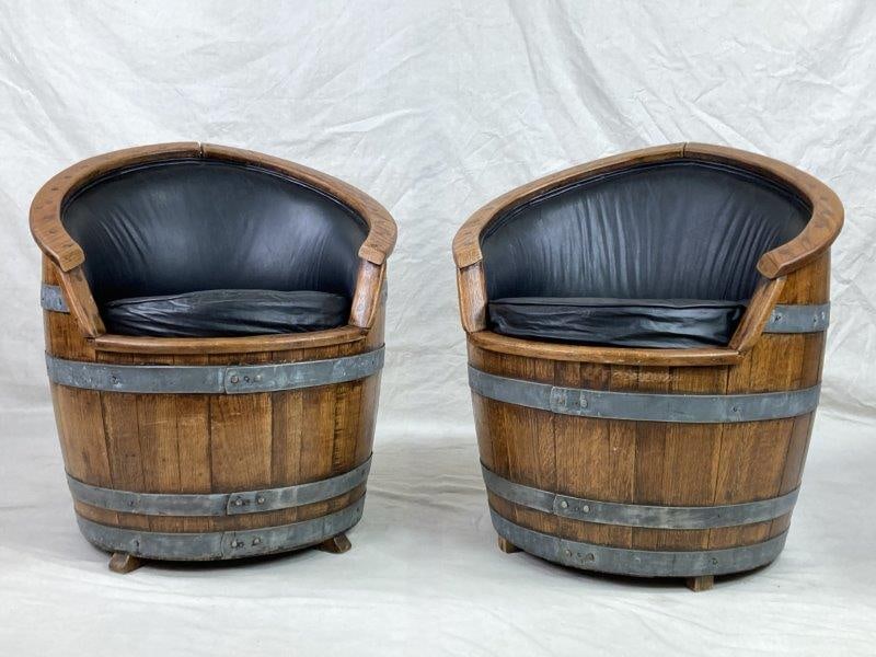 Pair of Oak and Leather Whiskey Barrel Chairs (1 of 9)