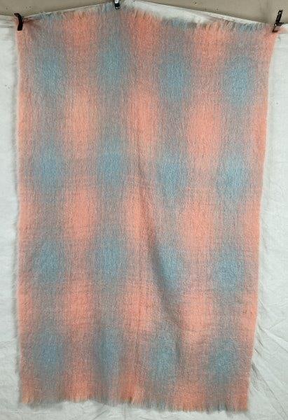 Mohair Scottish Hudson’s Bay Company Throw: A mohair throw associated with the Hudson’s Bay Company, featuring vibrant light pink and light blue tones with a soft, appealing texture. Measures approximately 40" H x 50" W. Shows minimal wea