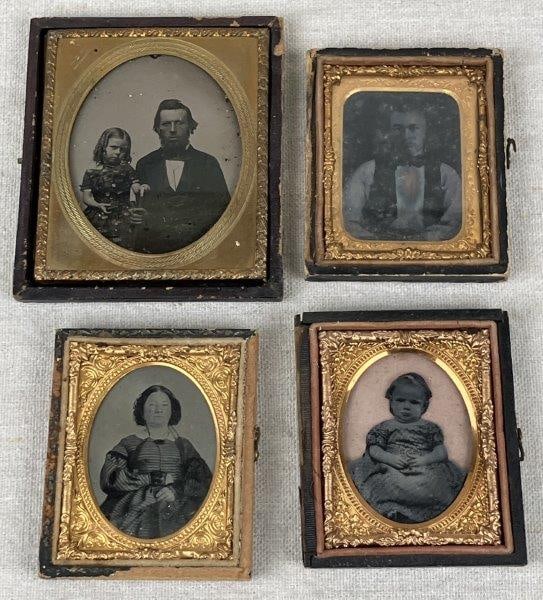Four 19th-Century Ambrotype Photographs: A group of four 19th-century ambrotype photographs depicting a variety of portraits, including a father and daughter, a young child, a handsome gentleman, and a lady, all dressed in period attire. Eac