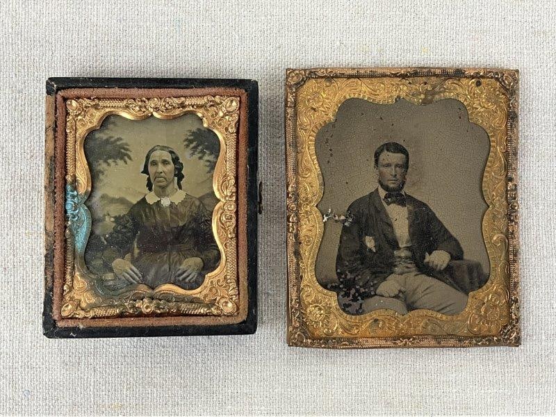 Two 19th-Century Framed Daguerreotypes: A group of 19th-century daguerreotypes, one depicting a portrait of a handsome gentleman and the other a lady. Both images are housed in brass preservers, with one set within an embossed frame. The la