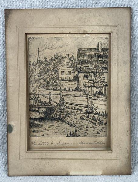 Howard Golden “The Little Fridheimar” Etching: An etching by Howard Golden titled The Little Fridheimar, depicting houses set within a tranquil European country landscape. Signed by the artist, the work conveys quiet atmosphere and fine line work
