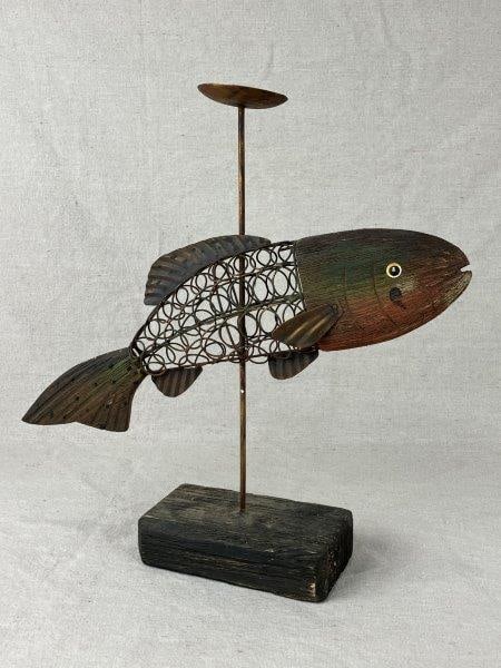 Folk Art Twisted Metal and Wood Fish Candlestick (1 of 7)