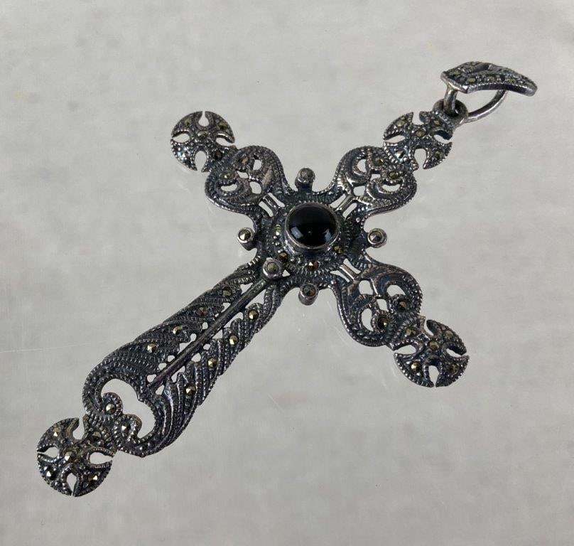 Sterling Silver, Marcasite, and Onyx Cross Pendant - 2