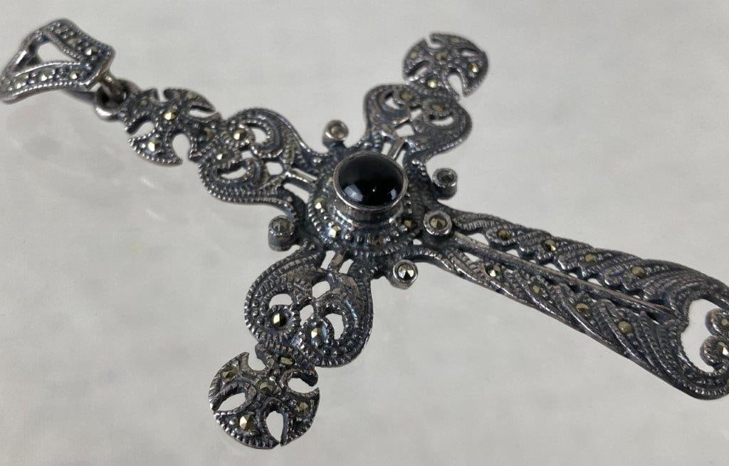 Sterling Silver, Marcasite, and Onyx Cross Pendant - 5