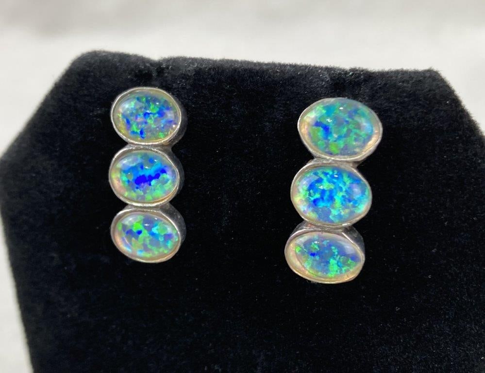 Artisan Sterling Silver and Opal Stud Earrings - 2