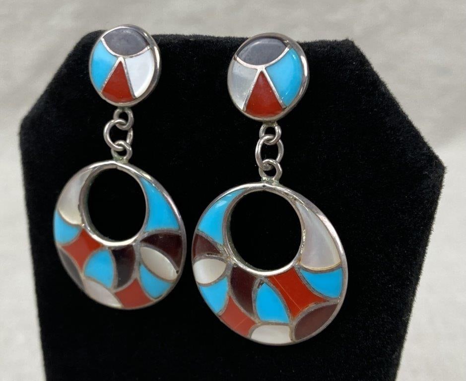 Native American Sterling Silver and Turquoise Dangle Earrings - 2