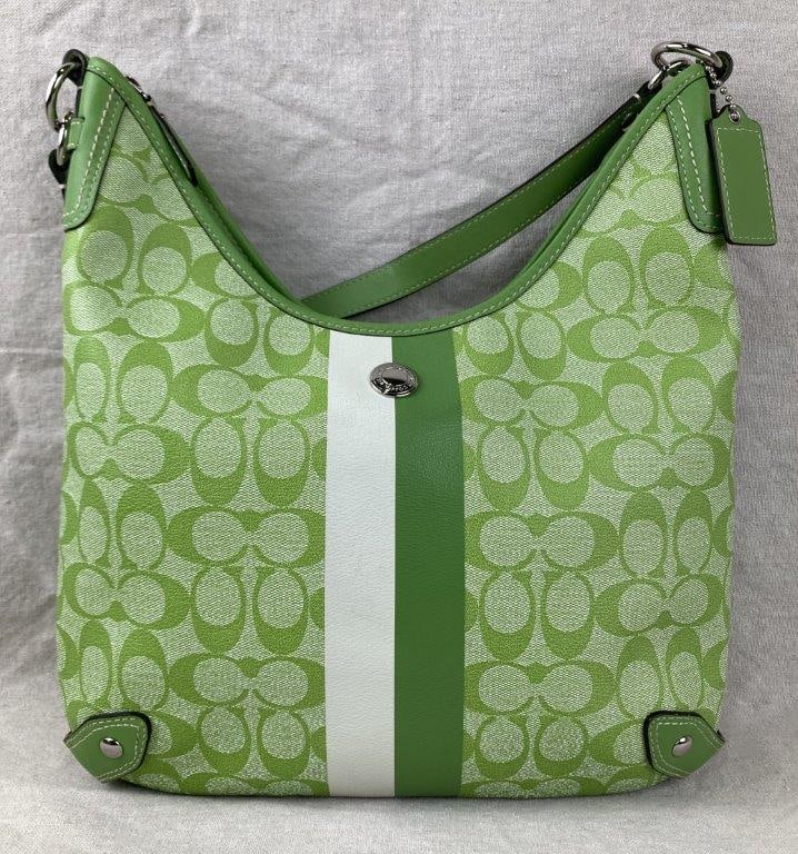 Coach Chelsea Heritage Stripe Shoulder Bag: Vibrant lime green shoulder bag featuring the signature C monogram canvas accented by a vertical white-and-green center stripe. Designed with interior pockets and includes an additional shoulder strap