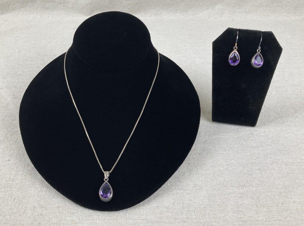 Sterling Silver Amethyst Teardrop Necklace and Earring Set (1 of 8)