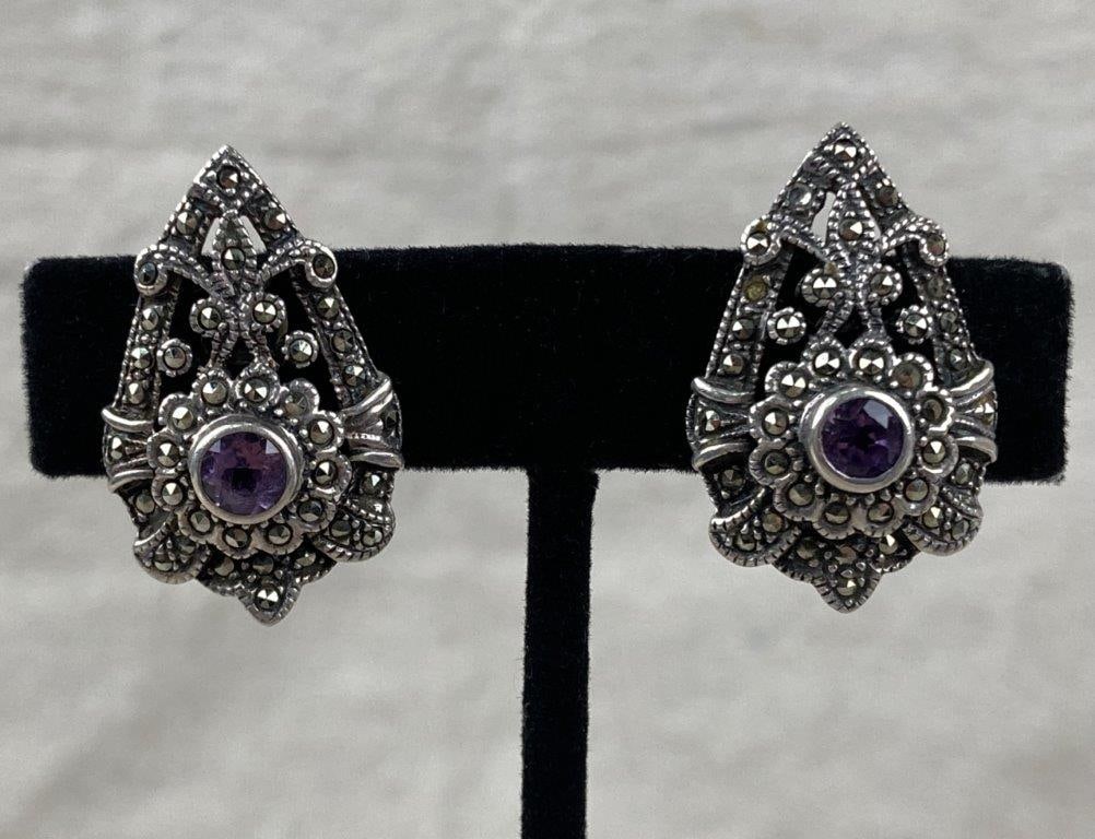Vintage Sterling Silver, Marcasite, and Amethyst Clip Earrings (1 of 3)