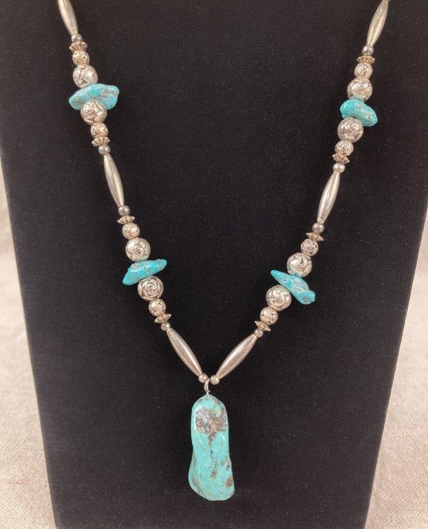 Artisan Silvertone Bead and Turquoise Necklace - 2