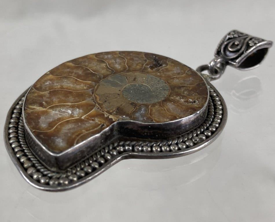Sterling Silver and Polished Ammonite Fossil Pendant - 5
