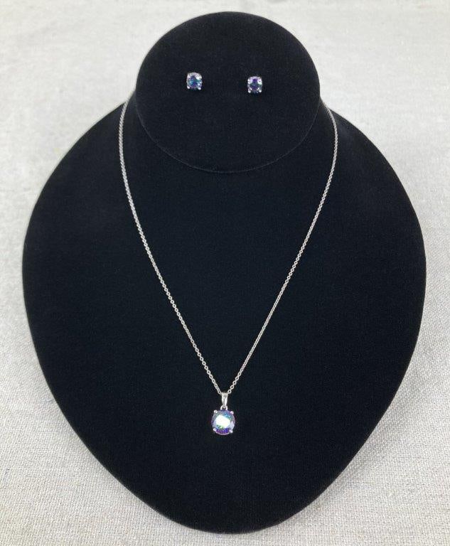 Sterling Silver and Mystic Topaz Necklace and Earrings: Sterling silver demi-parure comprising a necklace and matching earrings, each set with brilliant-cut faceted mystic topaz stones. The earrings are classic stud form and are marked for silver content.