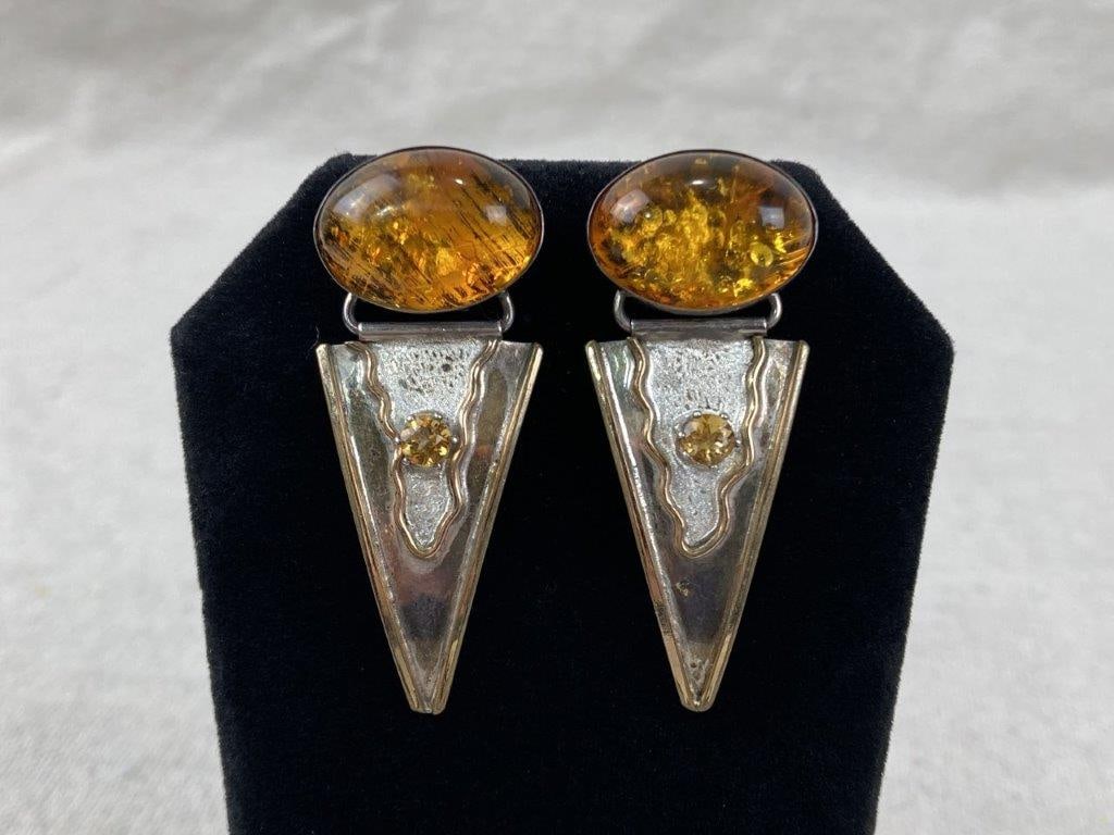 Artisan Modernist Sterling Silver and Amber Earrings (1 of 3)