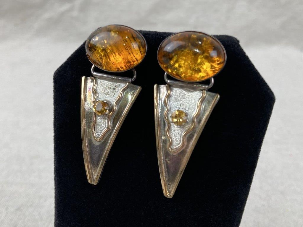 Artisan Modernist Sterling Silver and Amber Earrings - 2