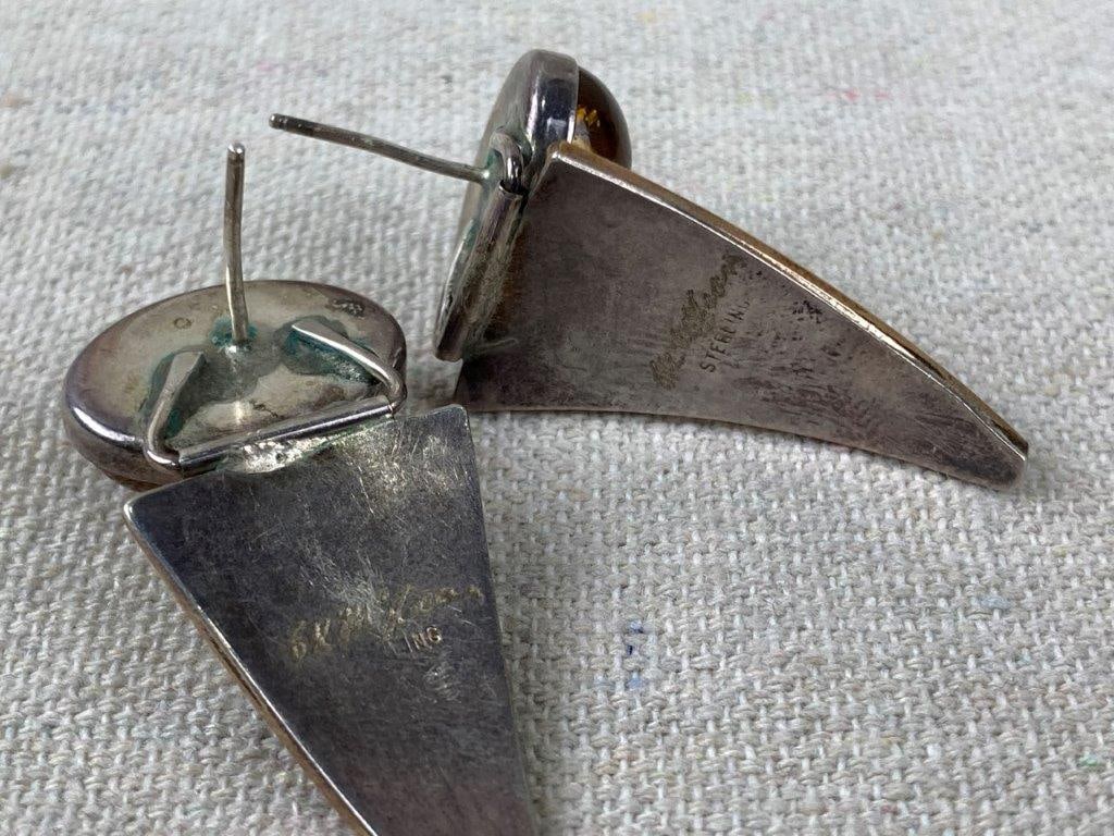 Artisan Modernist Sterling Silver and Amber Earrings - 3