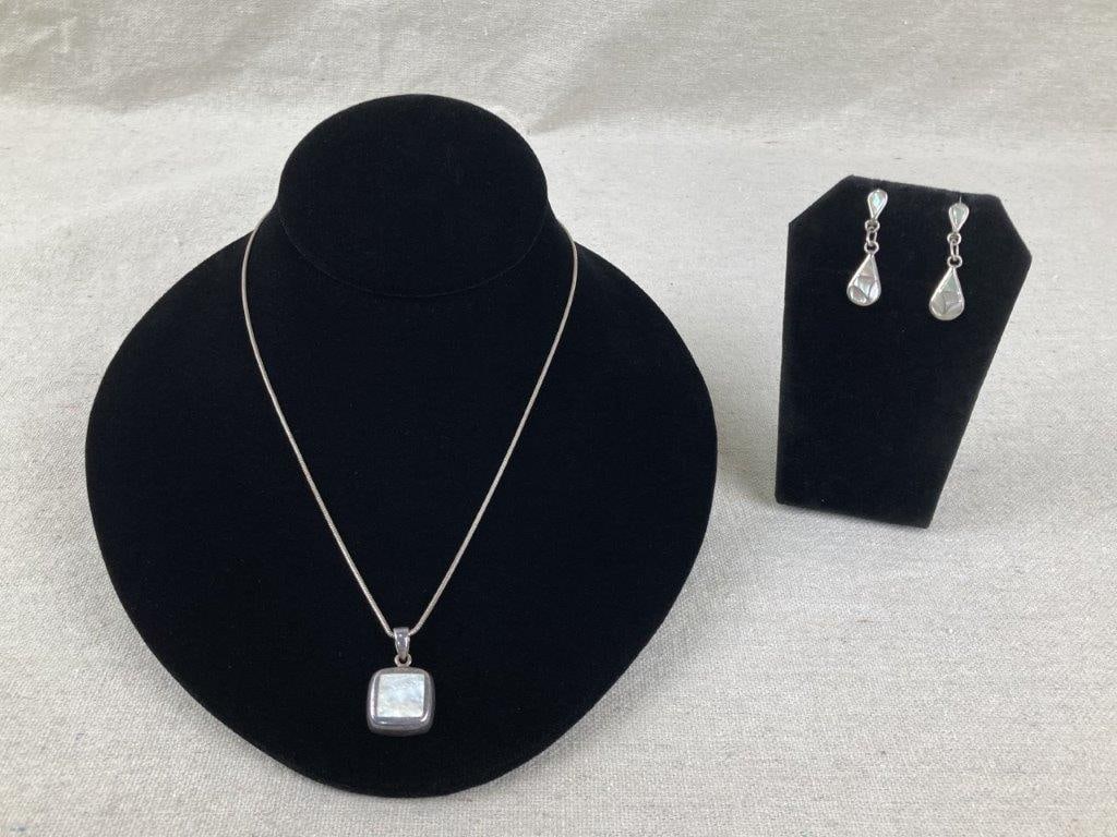 Sterling Silver and Mother-of-Pearl Necklace and Earrings (1 of 9)