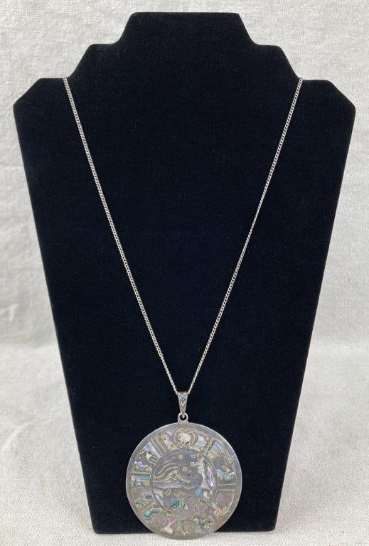 Taxco Sterling Silver Aztec Calendar Necklace with Abalone Inlay (1 of 3)
