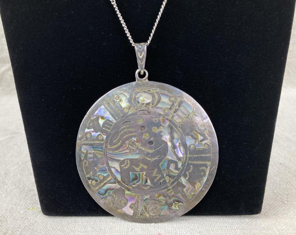 Taxco Sterling Silver Aztec Calendar Necklace with Abalone Inlay - 2