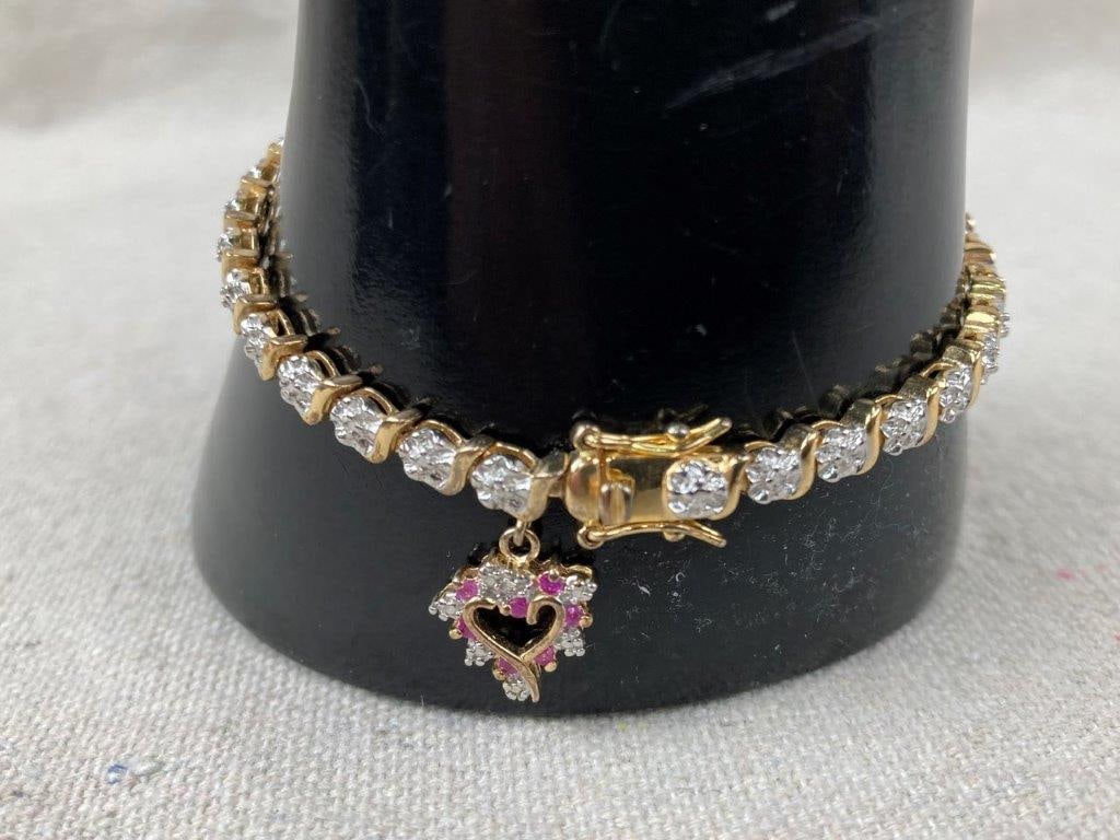 Sterling Silver with Gold Vermeil Heart Tennis Bracelet - 4