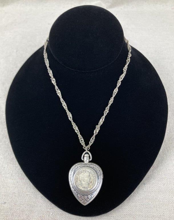 1912 Barber Dime Heart-Form Silvertone Locket Watch Necklace (1 of 3)