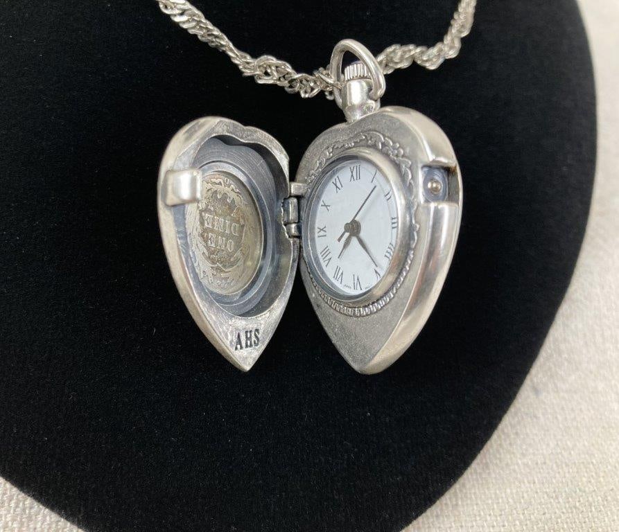 1912 Barber Dime Heart-Form Silvertone Locket Watch Necklace - 3